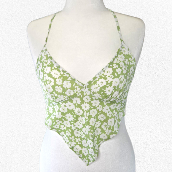 Floral Green White Handkerchief Hem V Neck Halter Tie Back Tank Top Size Small - Picture 1 of 10